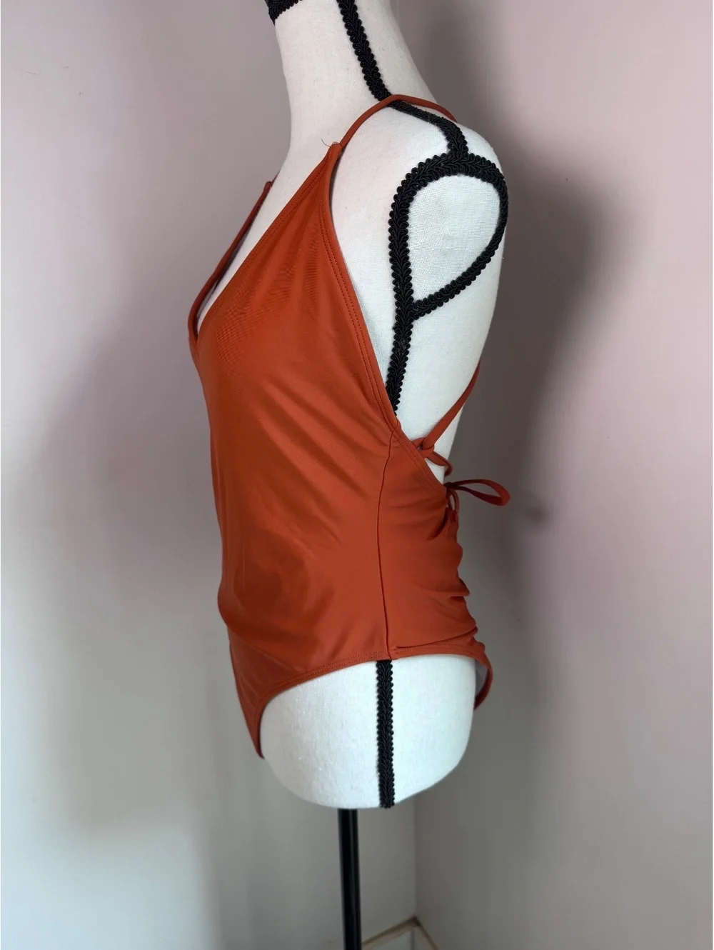 Rust Orange Women's One-Piece Swimsuit with Cross Back and Tie Detail - Size Not
